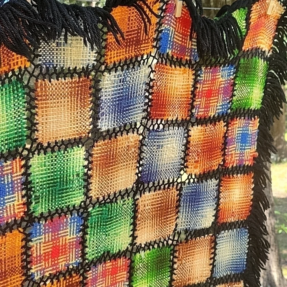 HANDMADE 1970s Rainbow Woven Knit Granny Square Patchwork Wall Throw